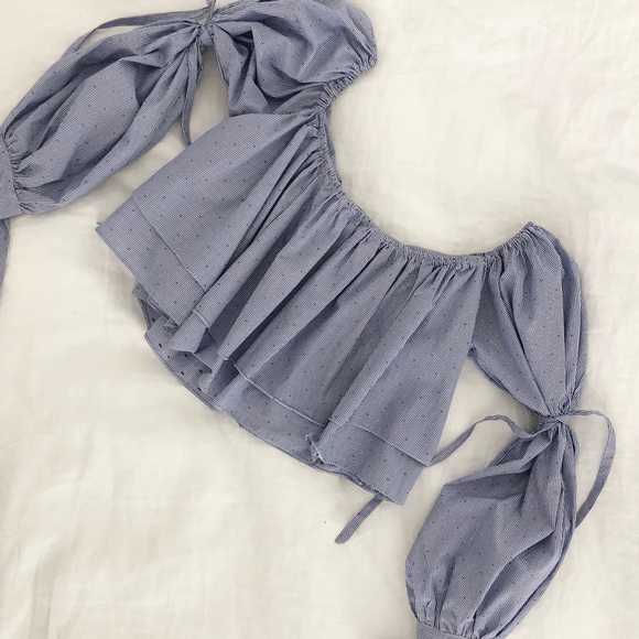 Off The Shoulder Stripe Top w Balloon Sleeves - Picture 3 of 7